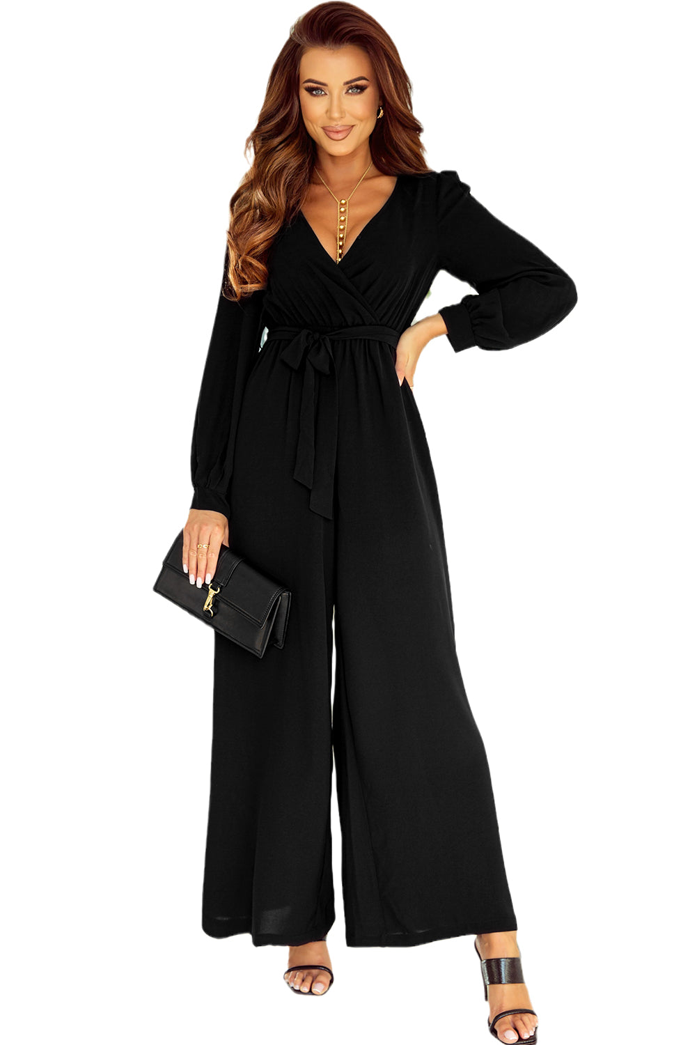 Cutout Back Belted V Neck Wide Leg Jumpsuit