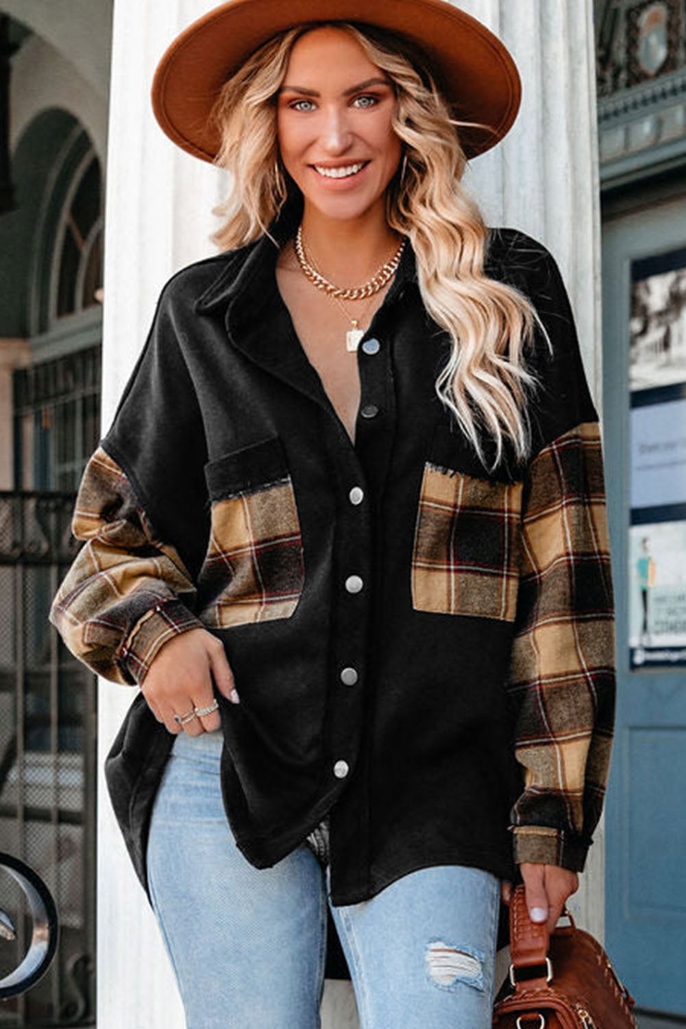 Plaid Patchwork Chest Pockets Oversized Shirt Jacket