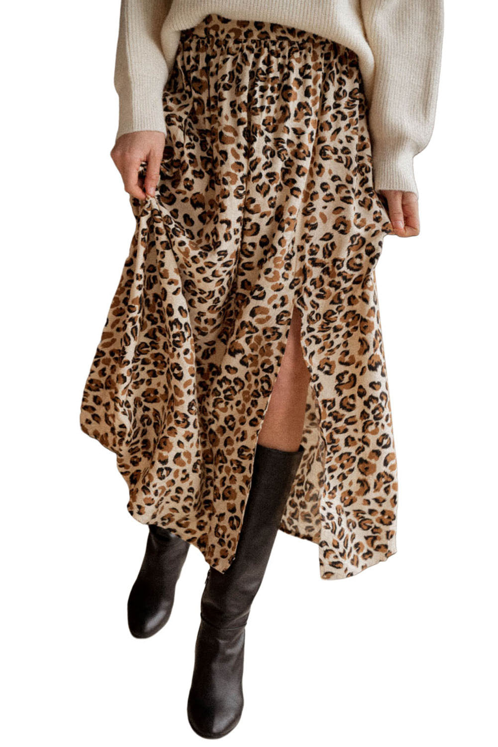 Animal Print High Waist Side Slit Long Skirt