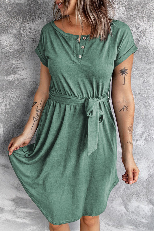 Buttons Crewneck Lace-up High Waist Mini Dress