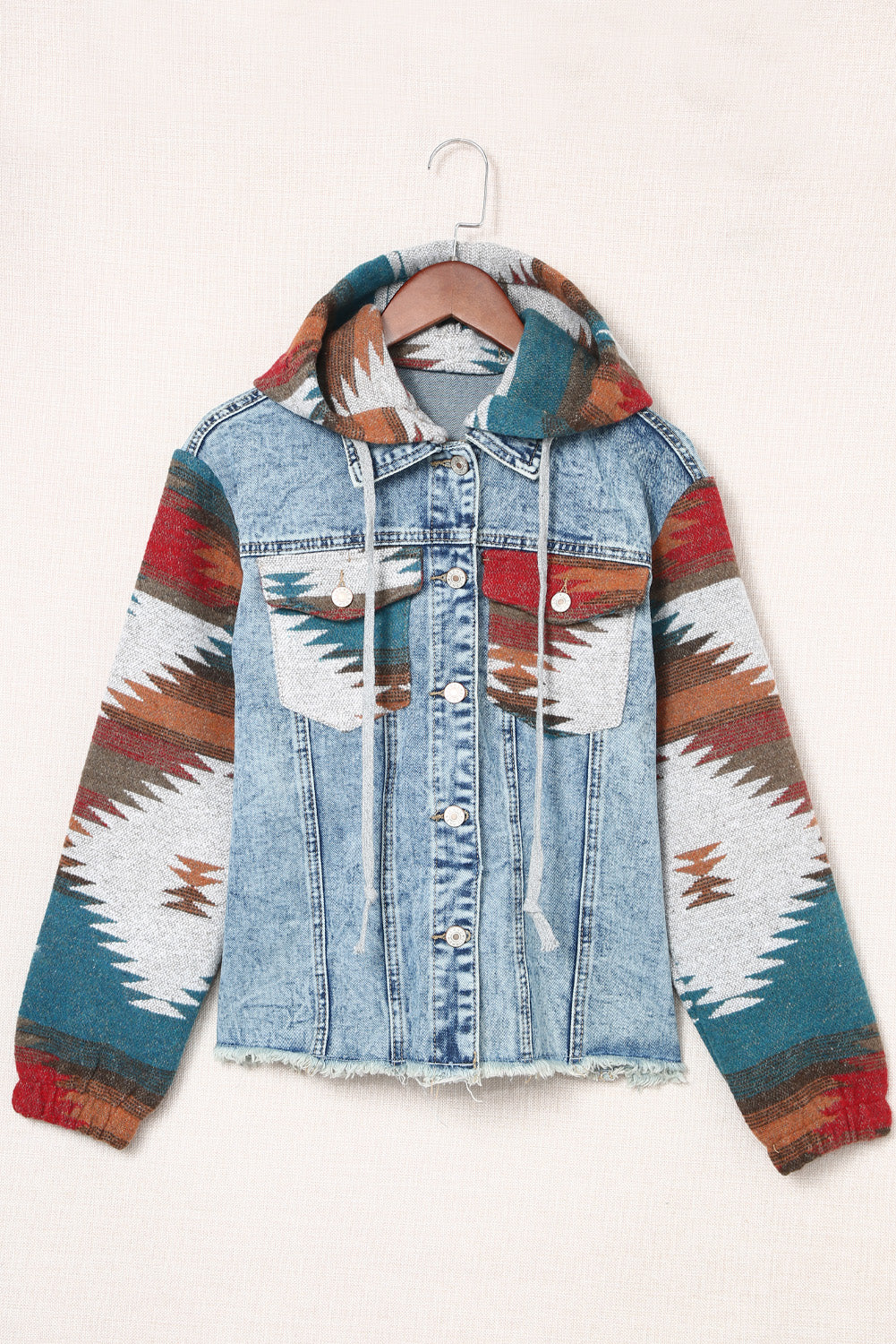 Aztec Print Frayed Hem Denim Jacket