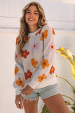 Sweet Flower Knitted Ribbed Hem Sweater