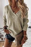 Gray V neck Drop Shoulder Knitted Sweater