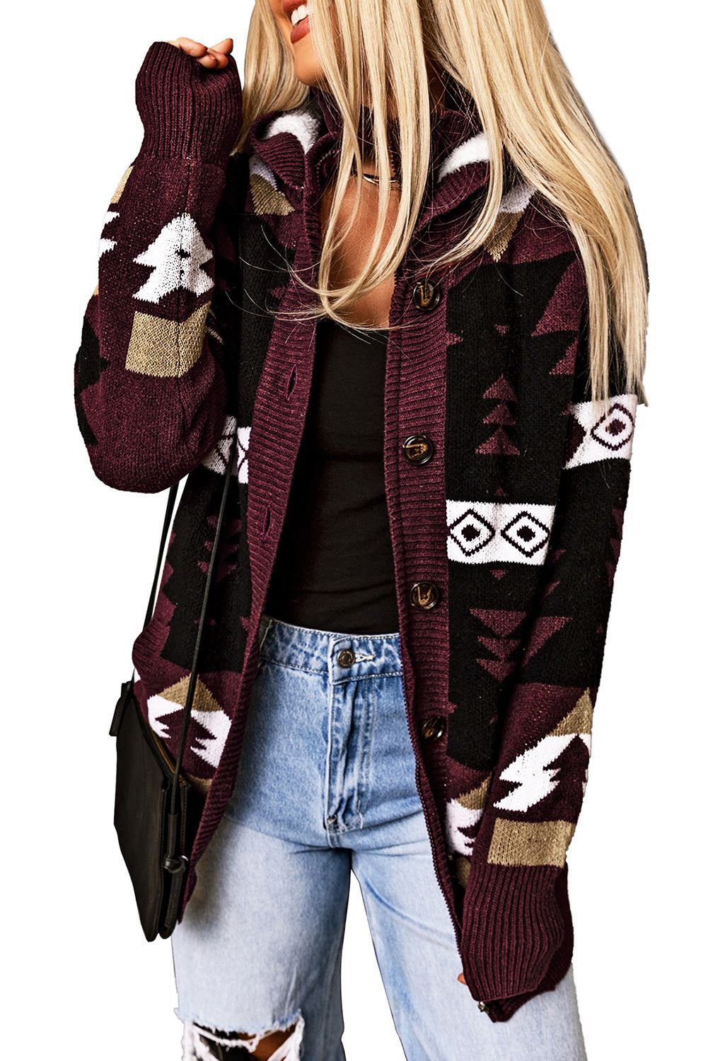 Wine Retro Jacquard Pattern Buttoned Front Hooded Sweater