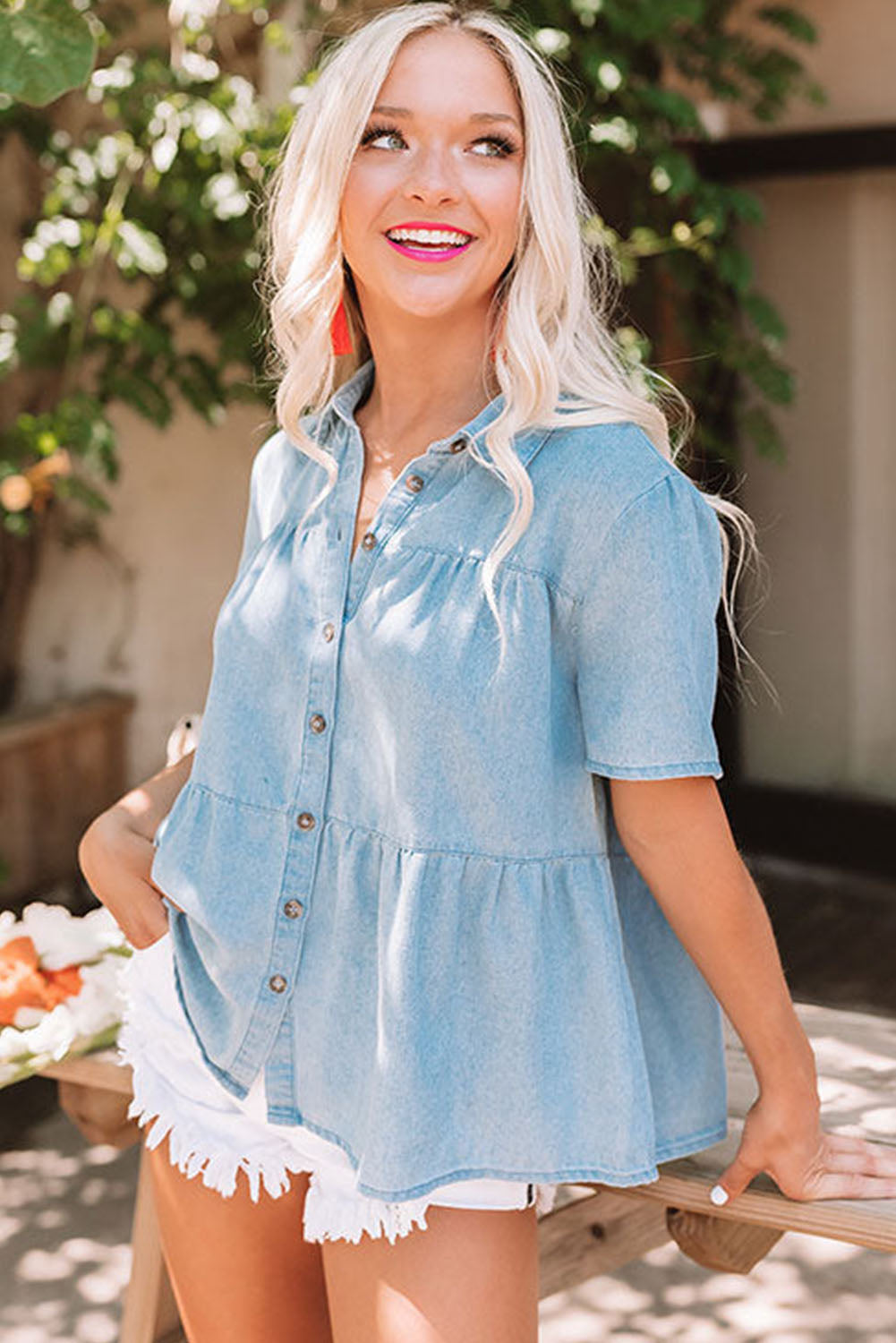 Chemise en chambray à manches courtes bleu ciel