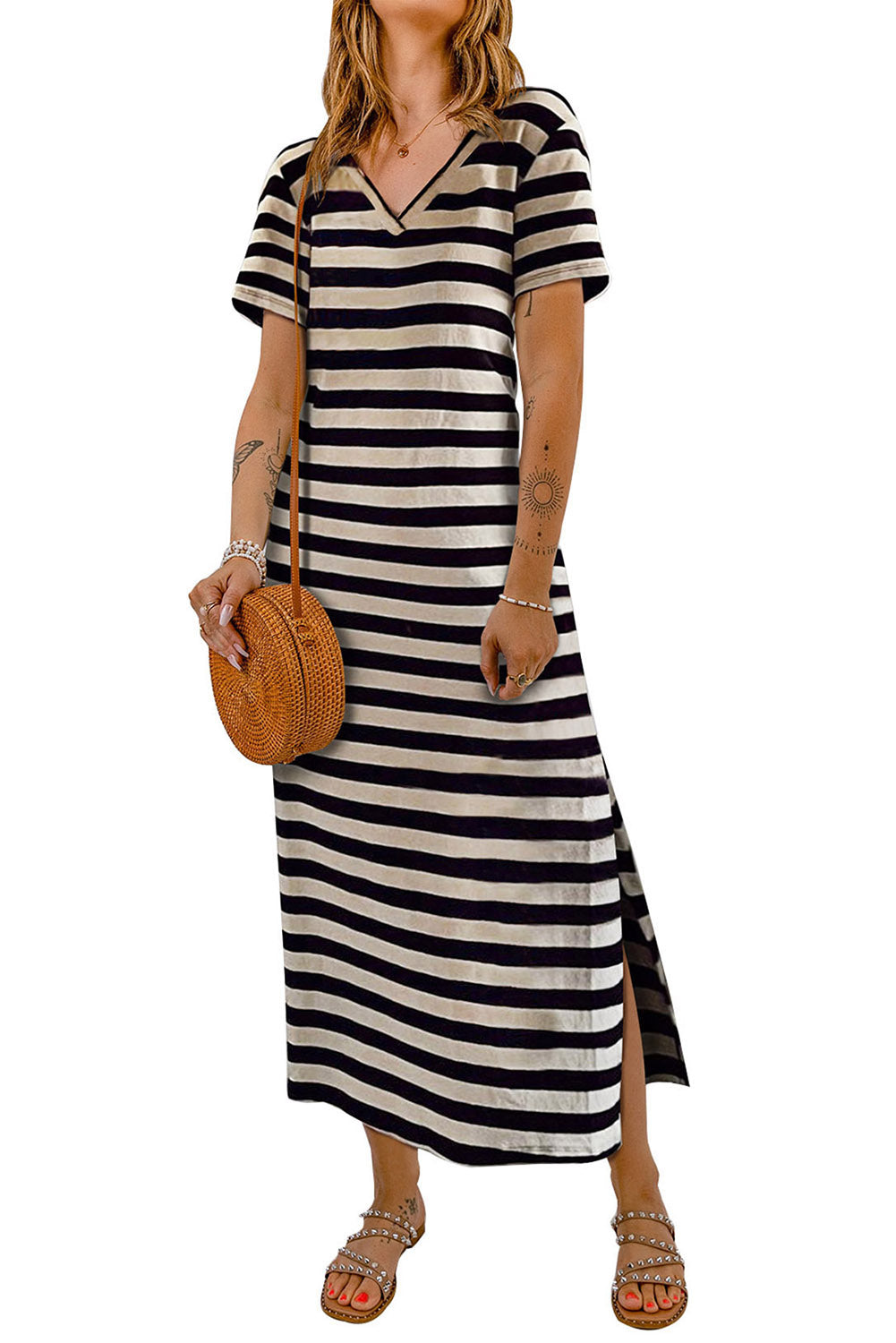 Stripe Print V Neck Maxi Dress with Side Splits