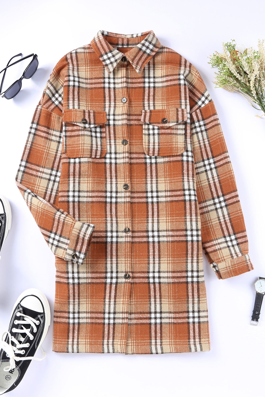 Plaid Button up Side Slit Shirt Dress