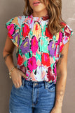 Abstract Floral Print Frilled Neck Pleated Blouse