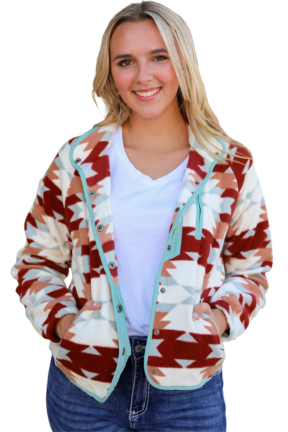 Red Geometric Aztec Pattern Plus Size Fleece Jacket