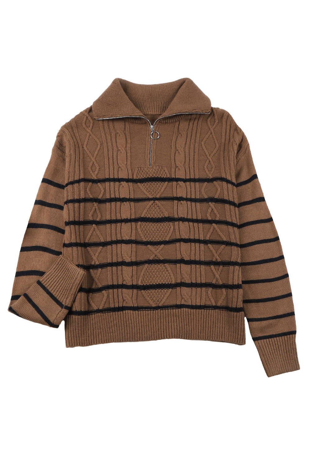 Brown Striped Half Zip Pullover Sweater