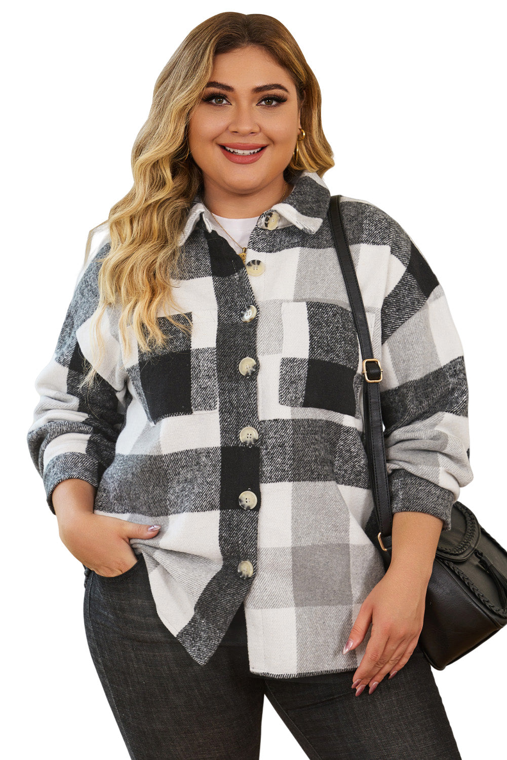 Plaid Color Block Buttoned Long Sleeve Jacket with Pocket