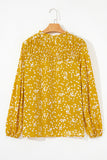 Yellow Plus Size Floral Print Ruched Split Neck Blouse