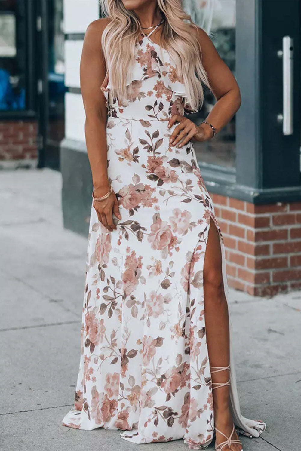 Floral Slit Ruffled Halterneck Maxi Dress