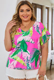 Tropical Leaf Print Plus Size V Neck Blouse