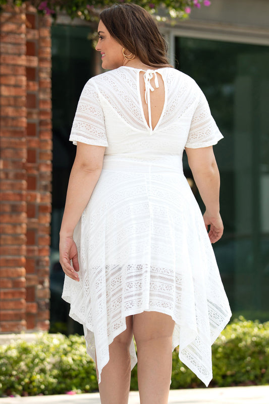 Plus Size Lace Striped Texture Handkerchief Hem Dress