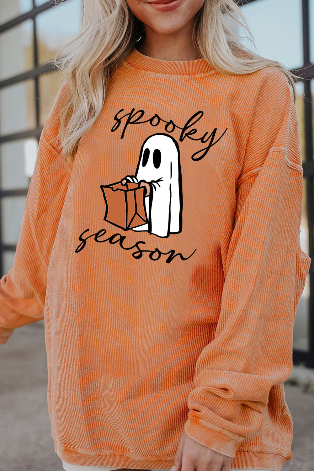 Sweat-shirt orange côtelé à imprimé fantôme Spooky Season