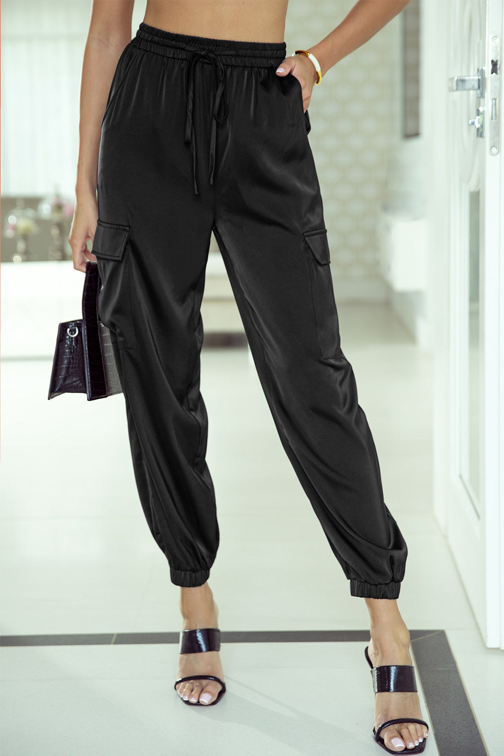 Satin Pocketed Drawstring Elastic Waist Pants