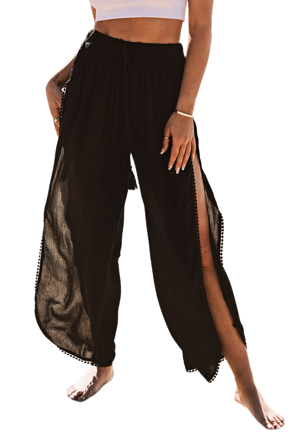 Lace Trim Along Split Leg Beach Cover up Pants