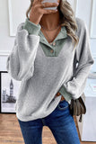 Light Grey Color Contrast Ribbed Loose Fit Long Sleeve Top