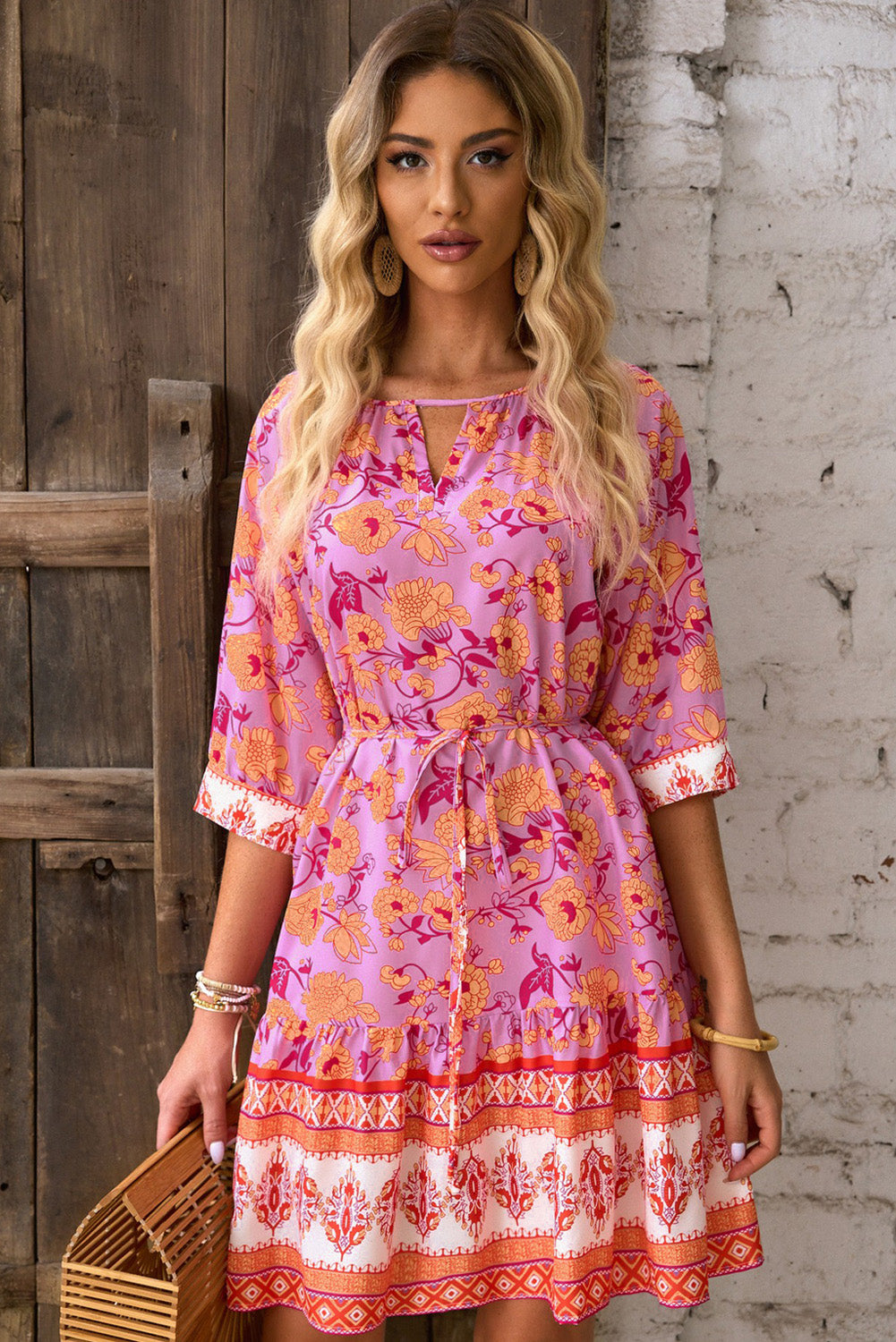 3/4 Sleeve Boho Floral Belted Mini Dress