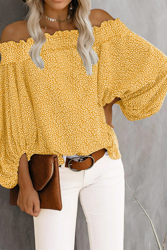 Off Shoulder Floral Print Lantern Sleeve Top