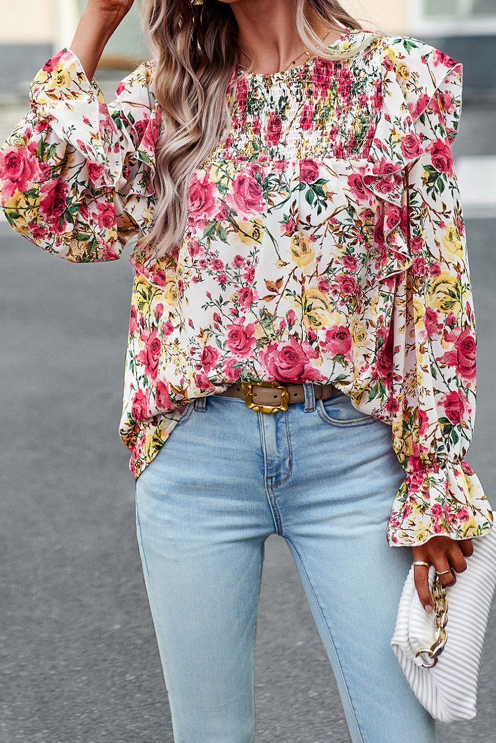 Floral Printed Ruffle Trim Long Sleeve Blouse