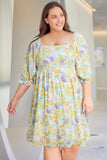 Plus Size Floral Print Ruffle Bubble Sleeve Babydoll Dress