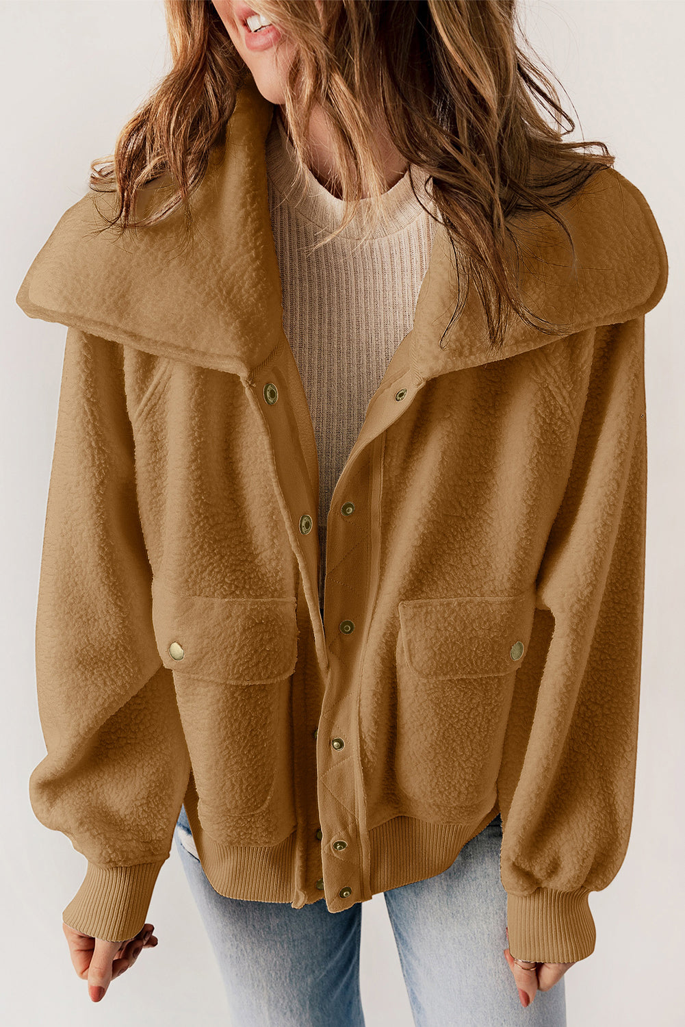 Brown Button Flap Pocket Spread Collar Fleece Jacket