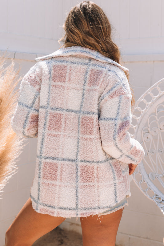 Checker Print Turn Down Collar Sherpa Shacket