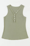 Ribbed Knit Buttoned Henley V Neck Tank Top