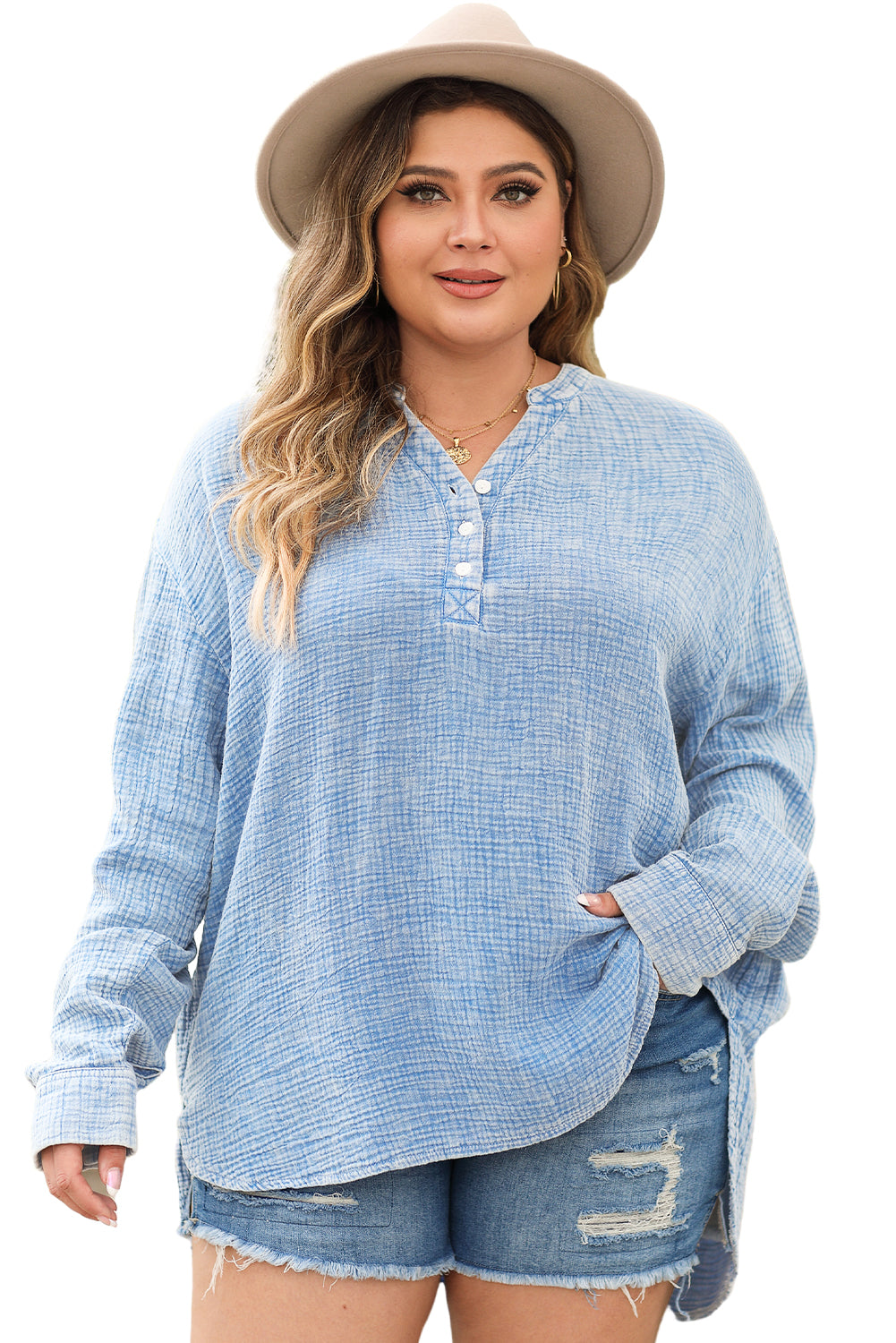 Sky Blue Crinkle Textured Loose Henley Top