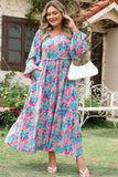 Sky Blue Floral Allover Print Shirred Square Neck Plus Size Maxi Dress