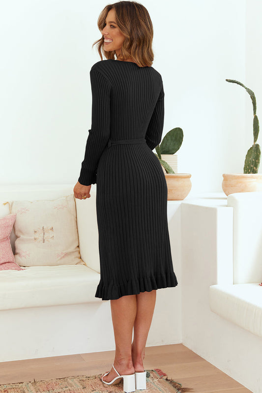 Ribbed V-Neck Belted Frilled Elegant Sweater Dress