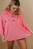 Pink Plus Size Ribbed Pocketed Long Sleeve Henley Top