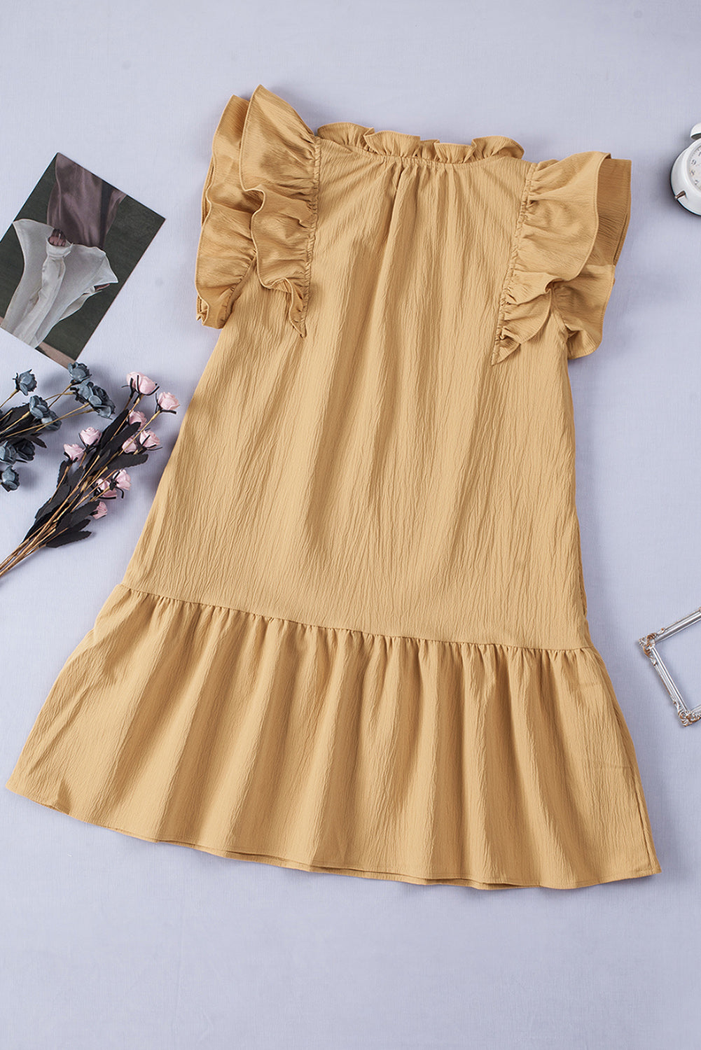 Khaki Tiered Ruffled Sleeves Mini Dress with Pockets