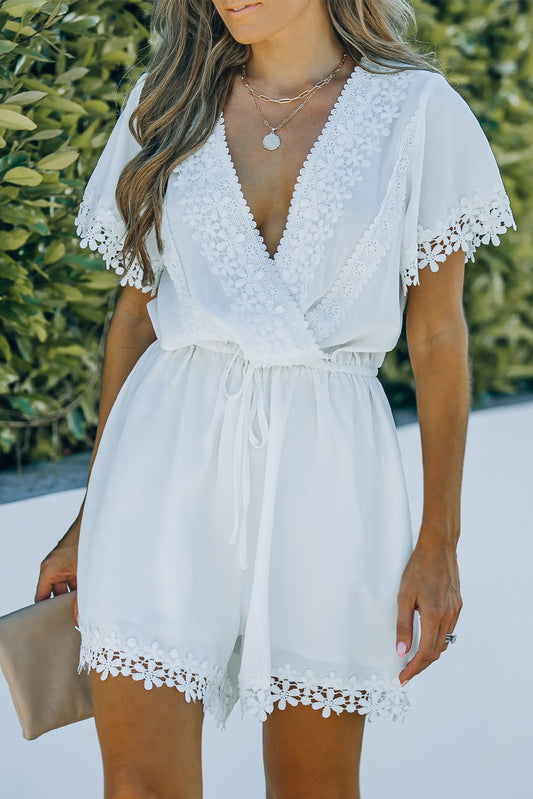 Applique Lace Trim V-Neck Drawstring Romper