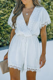 Applique Lace Trim V-Neck Drawstring Romper