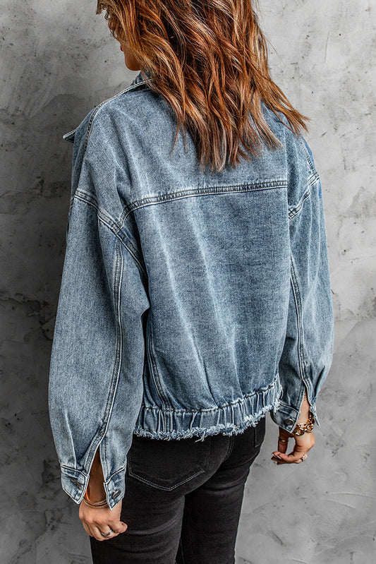 Elastic Hemline Acid Wash Denim Jacket