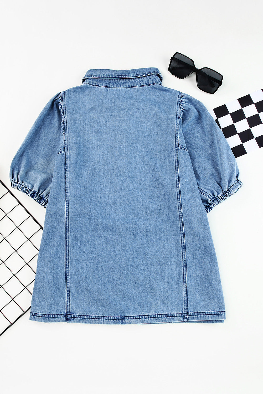 Short Bubble Sleeve Snap Button Denim Shirt