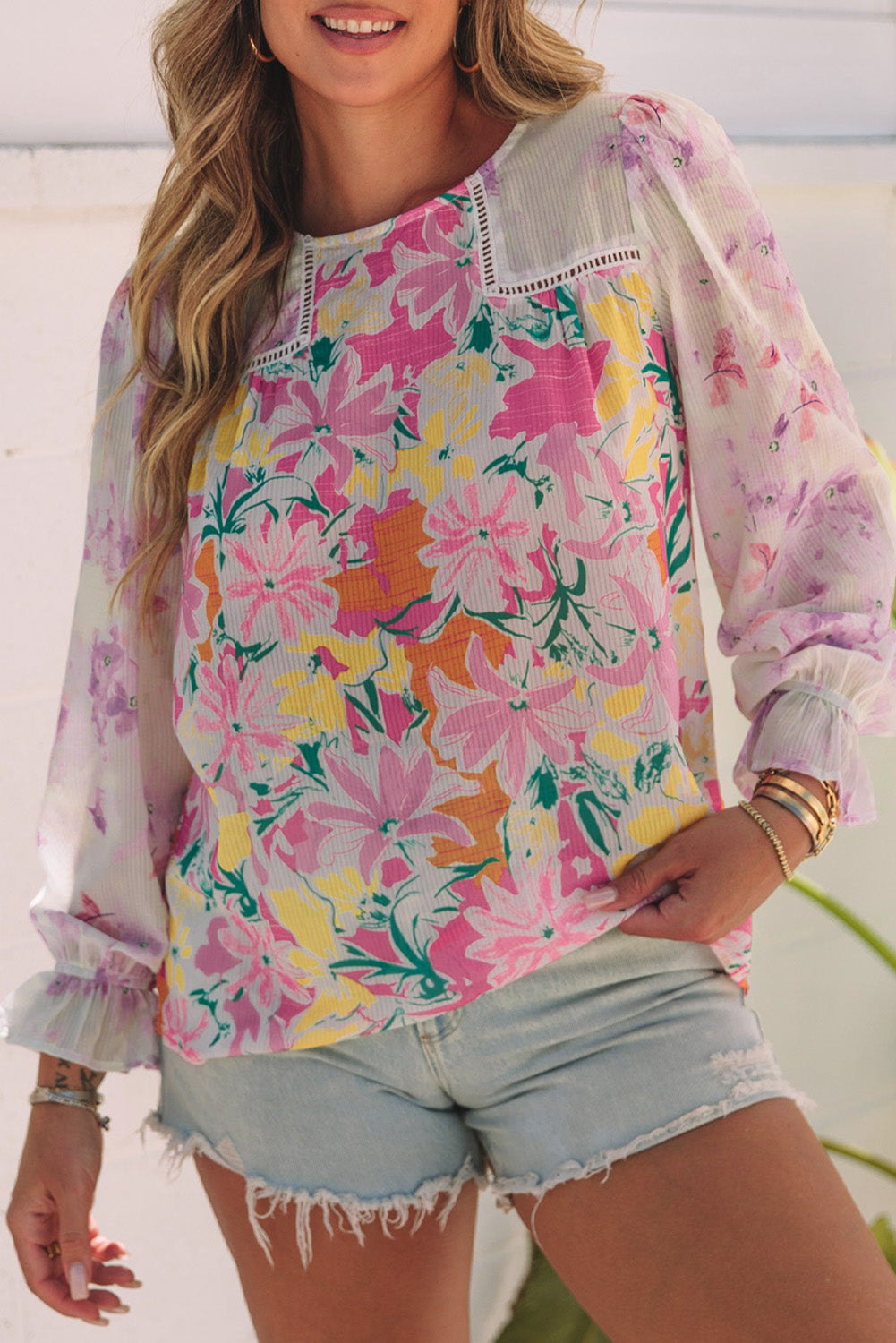 Floral Patchwork Lace Trim Blouse