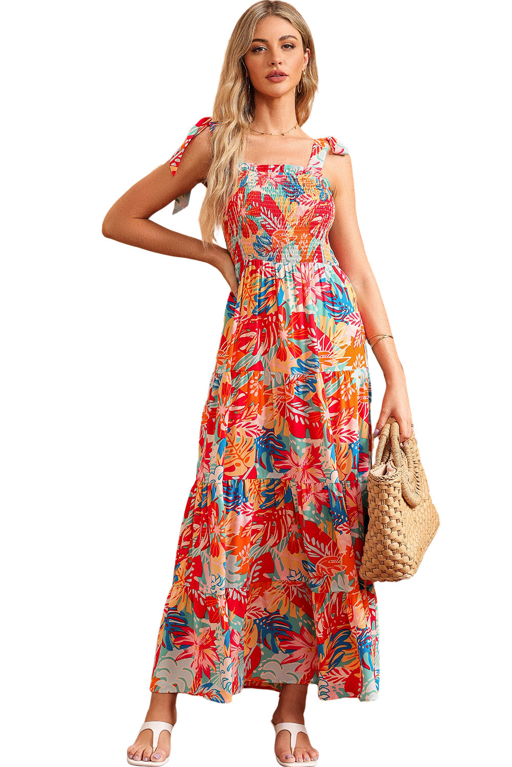 Robe longue multicolore à volants smockés et imprimé tropical vibrant