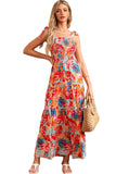 Robe longue multicolore à volants smockés et imprimé tropical vibrant