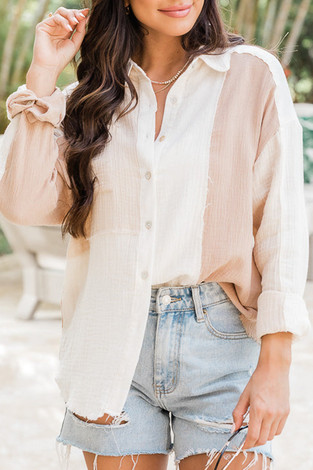 Rose Color Block Buttoned Raw Hem Textured Shirt