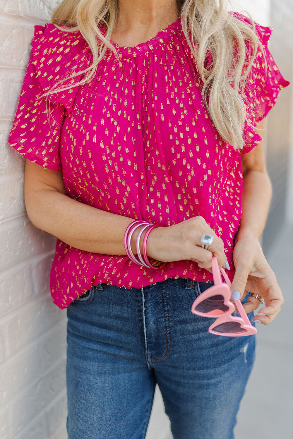 Dotted Gold Stamp Tiered Ruffled Short Sleeve Top