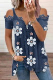 Floral Print Lace Contrast Zipped Cold Shoulder T Shirt