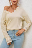 Ribbed Texture Lace Trim V Neck Long Sleeve Top