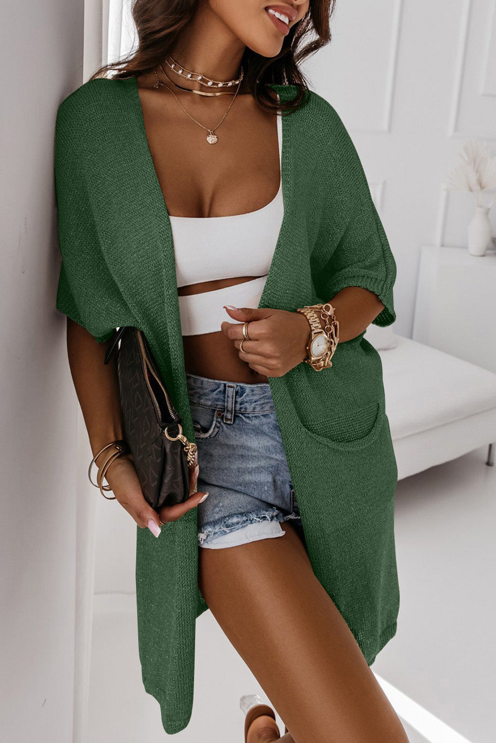 Khaki Pocketed Knit Dolman Sleeve Cardigan