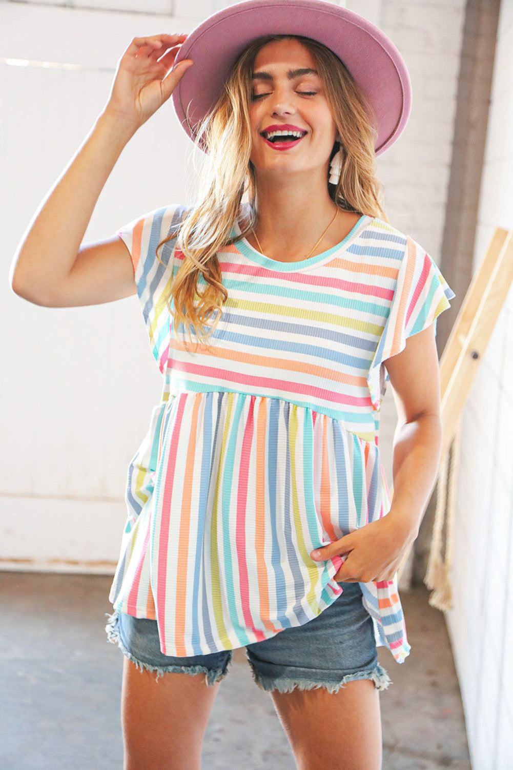 Stripe Print Textured Knit Babydoll Blouse