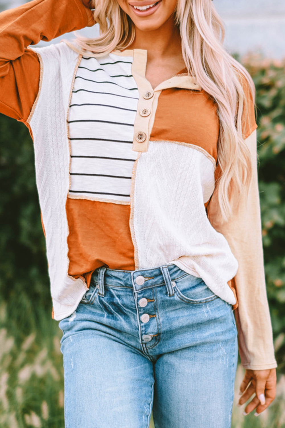 Stripe Color Block Splicing Long Sleeve Henley Top