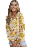 Green Floral Print V Neck Long Puff Sleeve Top